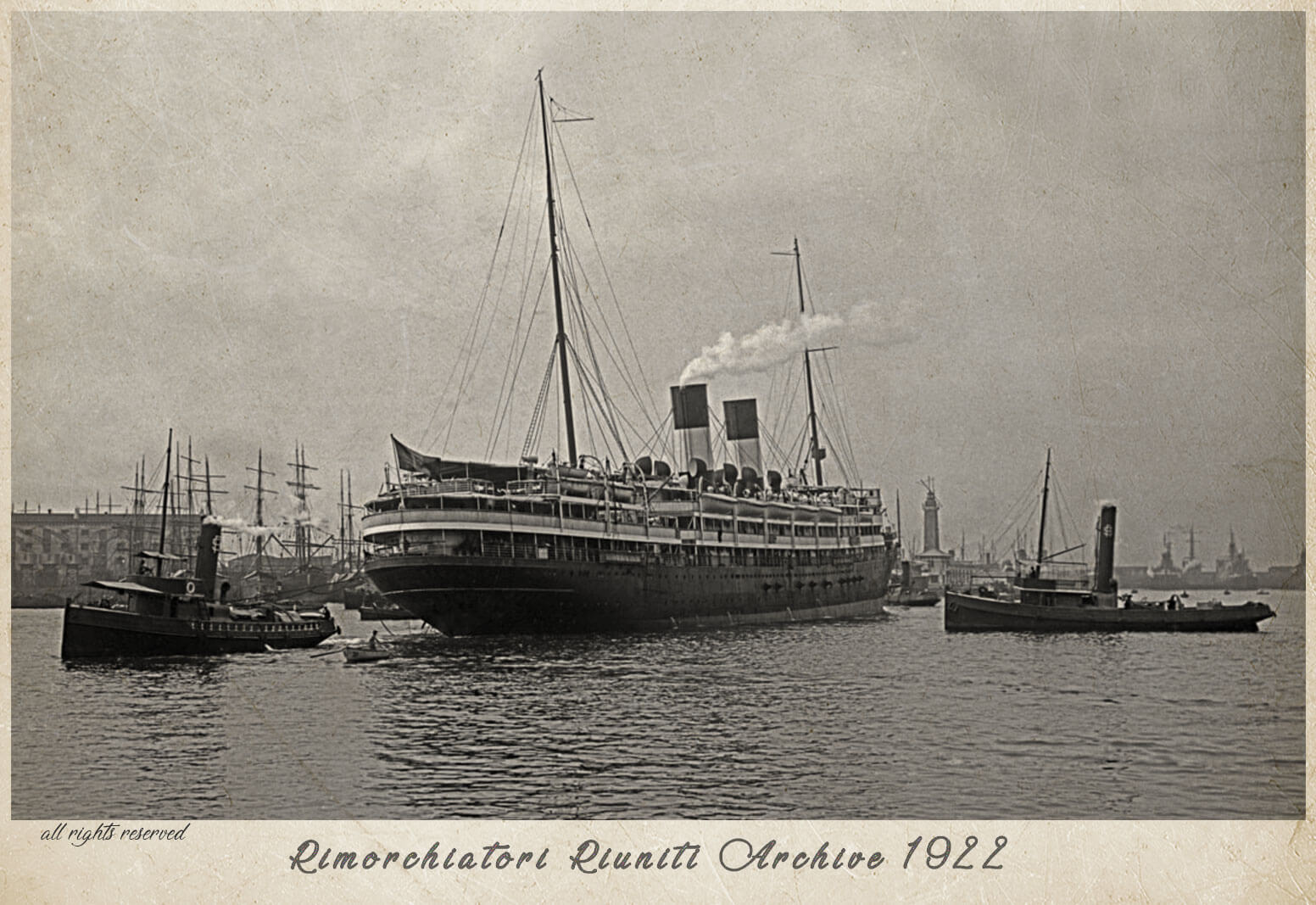 Two steam tugs of the Società dei Rimorchiatori Genovesi tow the Navigazione Generale Italiana’s liner Regina Elena.