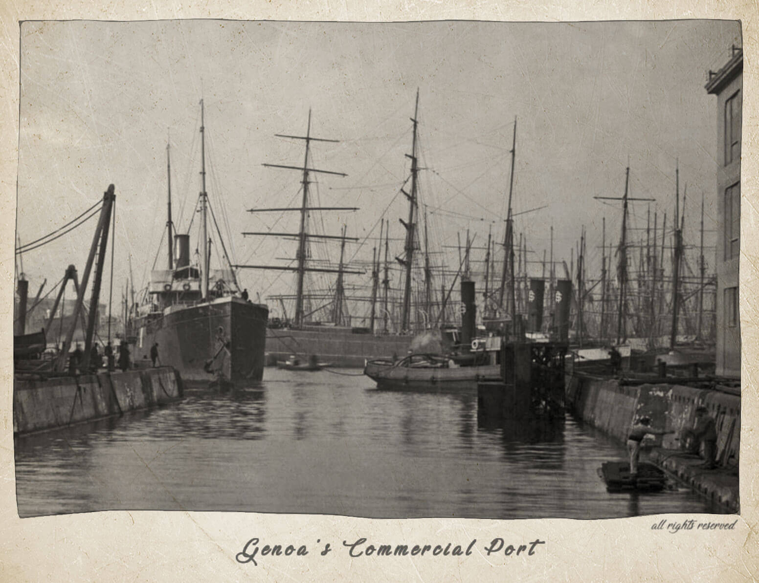 Tugs of the Società dei Rimorchiatori Genovesi tow a cargo steamer in the Darsena’s drydock.