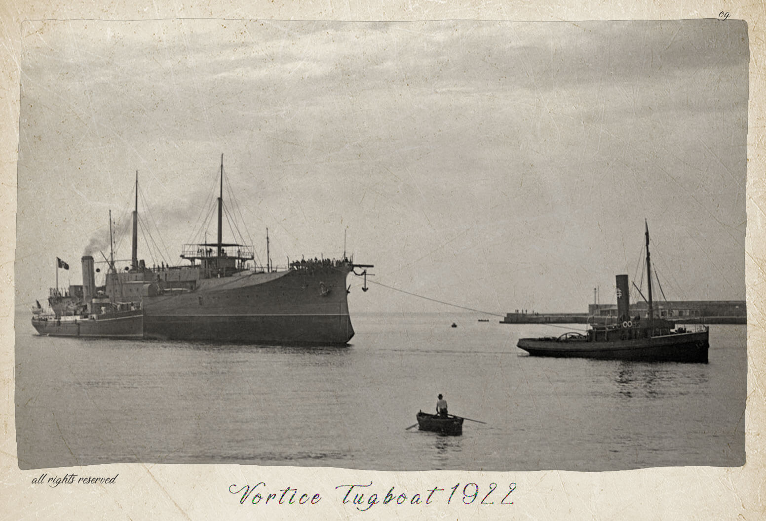 The tugboat Liguria tows the battleship Napoli, launched in 1905 in Castellammare di Stabia, to the Ansaldo outfitting workshop in the port of Genoa.