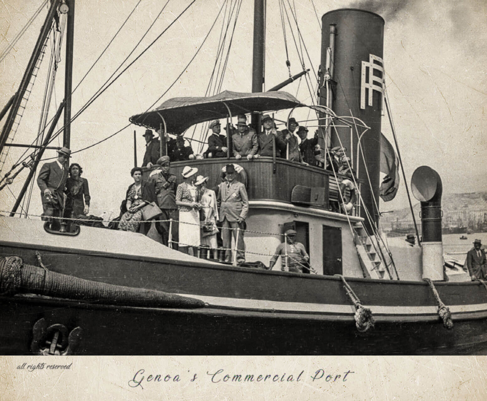 Il rimorchiatore Audax con alcuni ospiti durante una gita di rappresentanza nel porto di Genova.